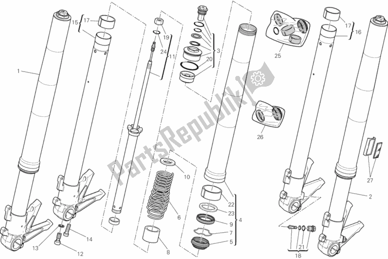 All parts for the Front Fork of the Ducati Monster 1100 EVO Anniversary USA 2013